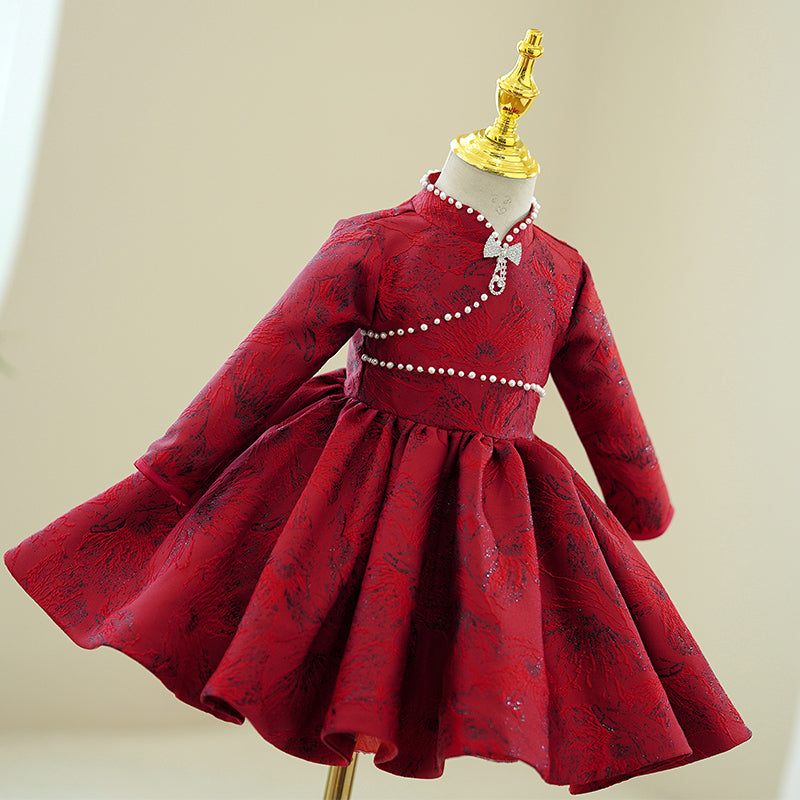 Girl Christmas Dress Toddler Prom Dress Little Girl Stand Collar Long Sleeve Printed Beaded Birthday Party  Dress