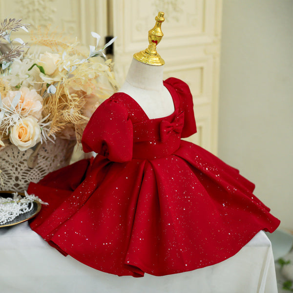 Girl Christmas Dress Baby Girl Day Red Square Neck Bow Princess Dress
