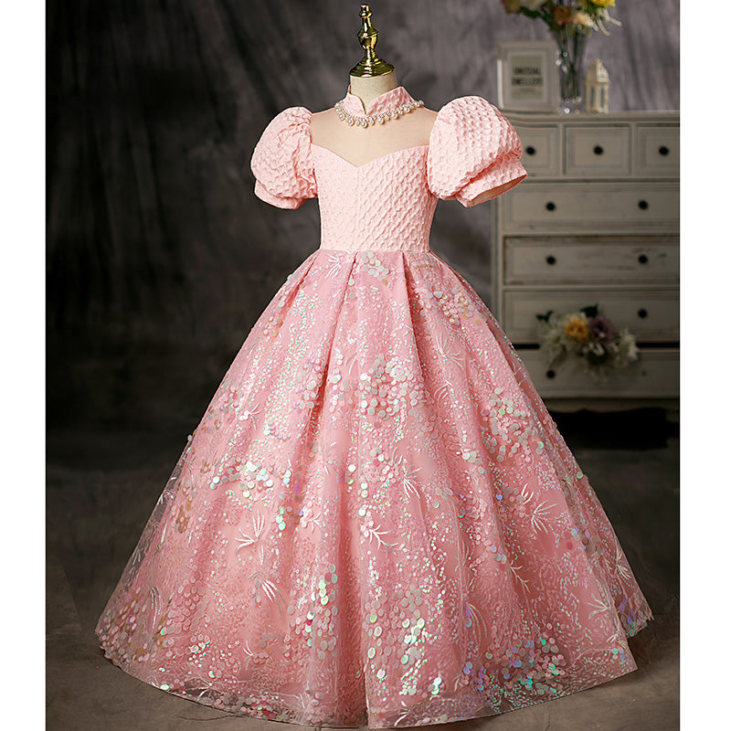 Toddler Ball Gowns Girl  Luxury Sequins Pink Puff Sleeves Princess Pageant Communion Dress