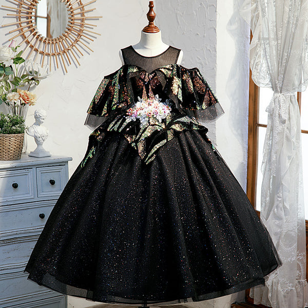 black princess dresses Little Girl Princess Dress Children Summer Black Sequin Fluffy Birthday Party Dress, Black / 11-12 Years (160cm)