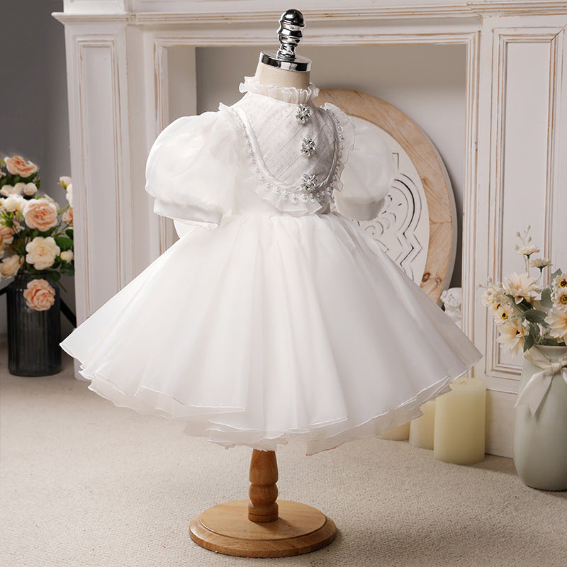 Little Girl Dress Toddler Flower Baptism White Court Vintage Beaded Christening Dress