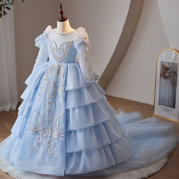 Toddler Communion Dress Girl Flower Formal Trailing Blue Sequins Princess Pageant Dress