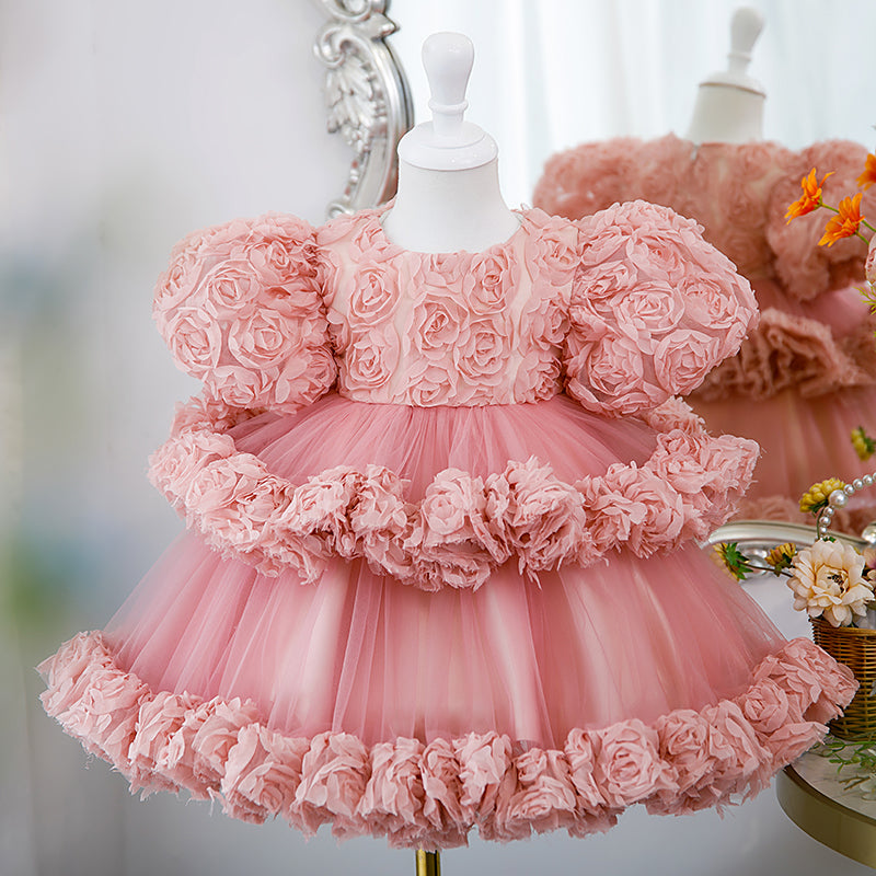 Girl Christmas Dress Baby Girl Dress Toddler Pink Rose Fluffy Party Puff Sleeves Cake Princess Dress
