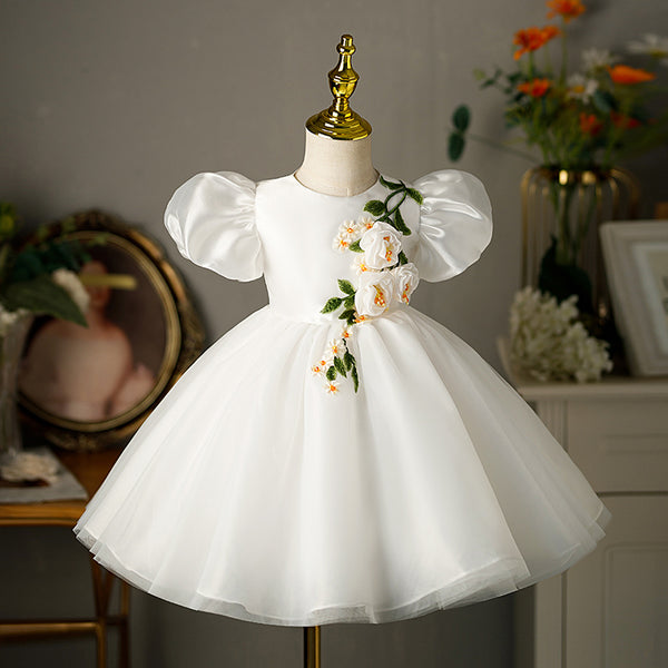 Flower Girl Dress Toddlers Summer Formal Floral White Puff Sleeve Baptism Dress