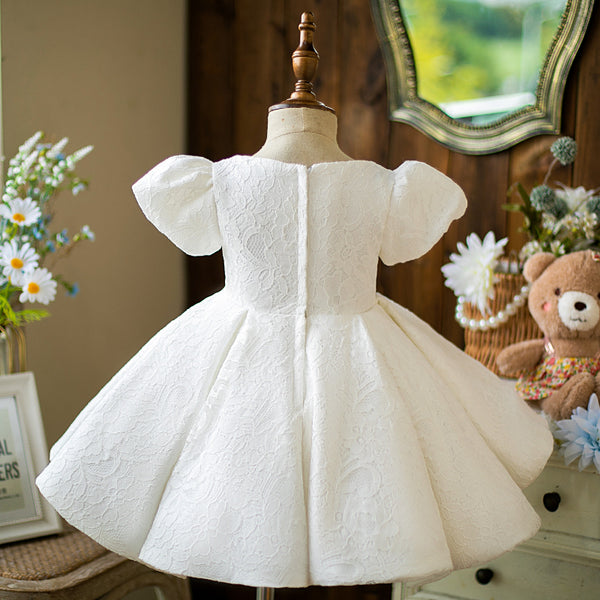 Toddler Ball Gowns Girl Summer White Lace Bow Puff Sleeves Sleeve Baptism Princess Dress