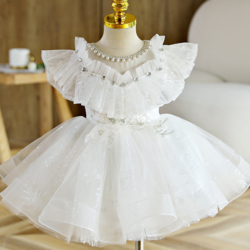 Baby Girl Dress Toddler Flower Baptism White Bead Collar Puffer Christening Princess Dress