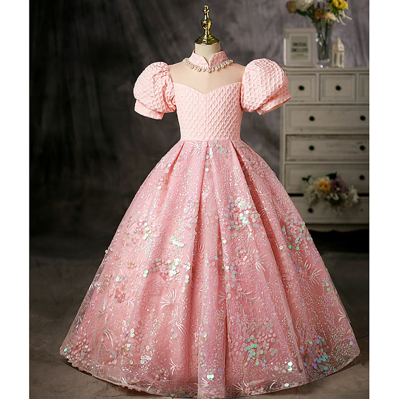 Toddler Ball Gowns Girl  Luxury Sequins Pink Puff Sleeves Princess Pageant Communion Dress