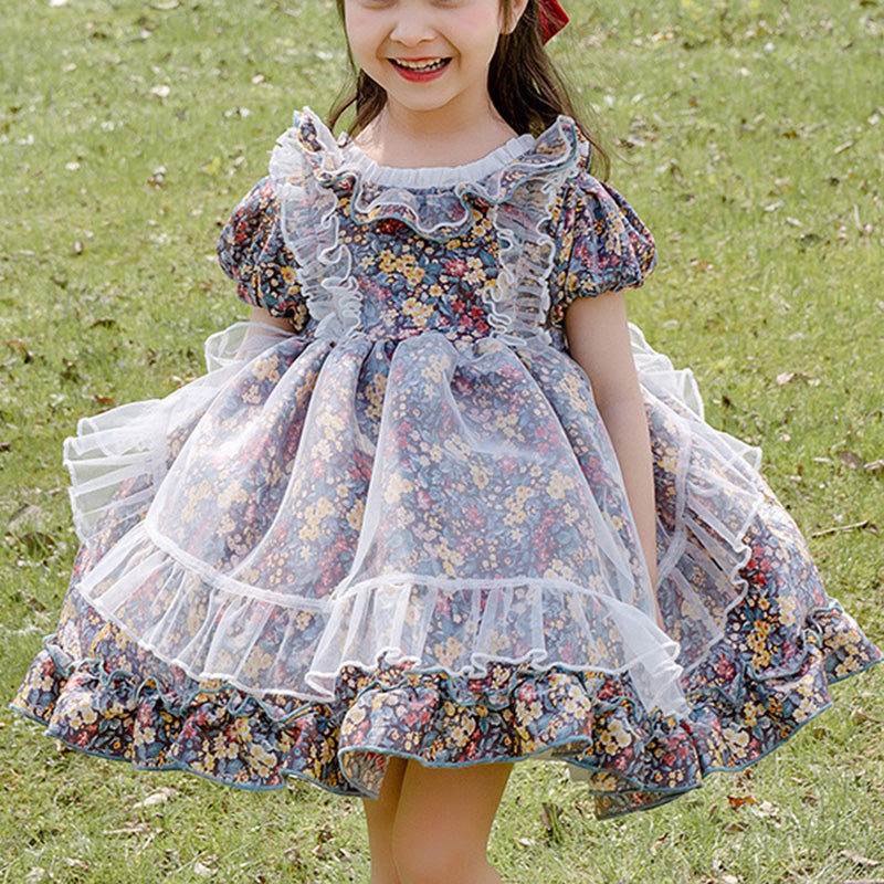 Baby Girl Dress Toddler Ball Gowns Summer Short Sleeve Vintage Print Princess Dress