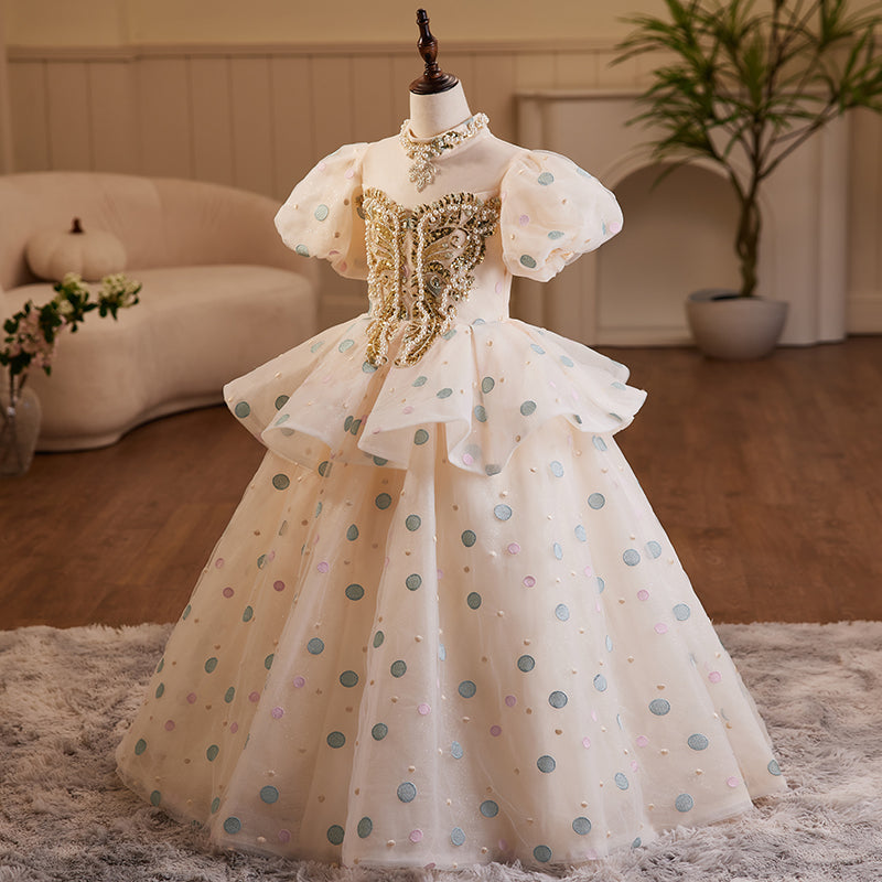 summer polka dot dresses Flower Girl Dress Children Communion Summer Polka Dot Beaded Sequin Fluffy Baptism Princess Dress, White / 5-6 Years (130cm)