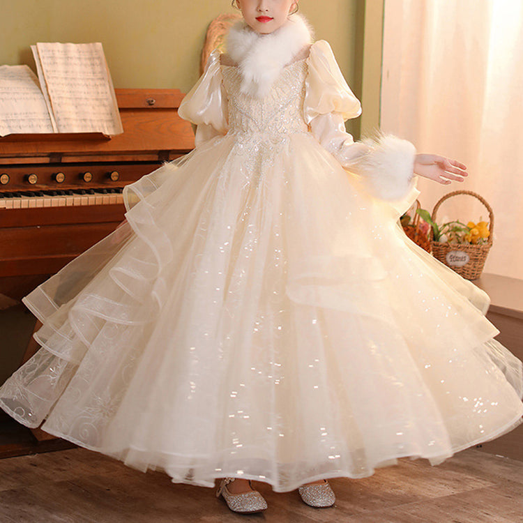 Flower Girl Dress Children Party Winter Plush Long Sleeve Sequined Princess Dress