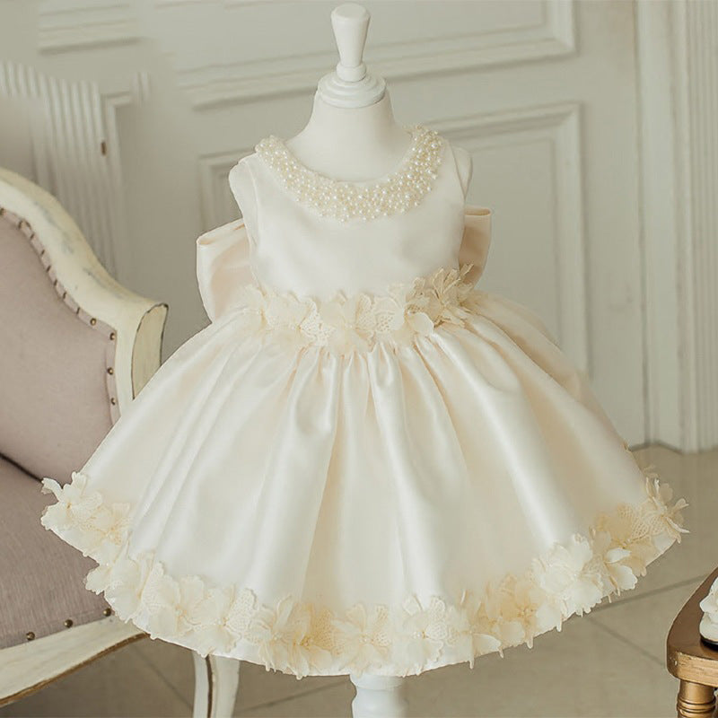 Baby Girl Baptism Dress Girl Sleeveless Beaded Floral Princess Party Formal Dress