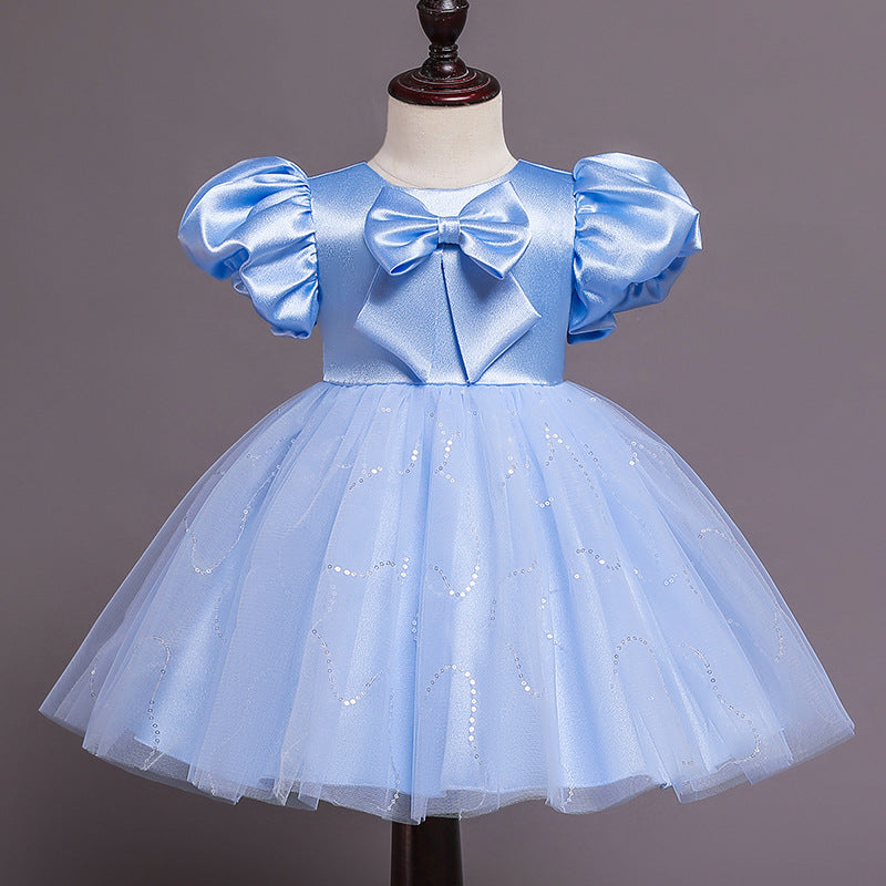 Baby Girl Dress Toddler Bow Sequin Puff Sleeve Fluffy Dark Print Fluffy Mesh Princess Party Dress