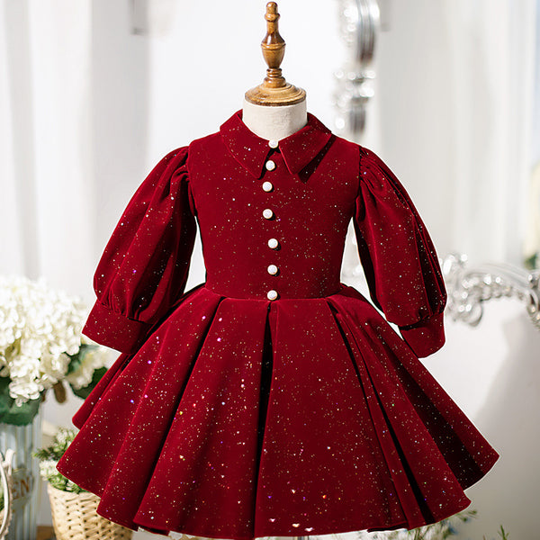 Baby Girl Dress Toddler Easter Birthday Party Dress Winter Red Long Sleeve Square Neck Sequined Princess Dress