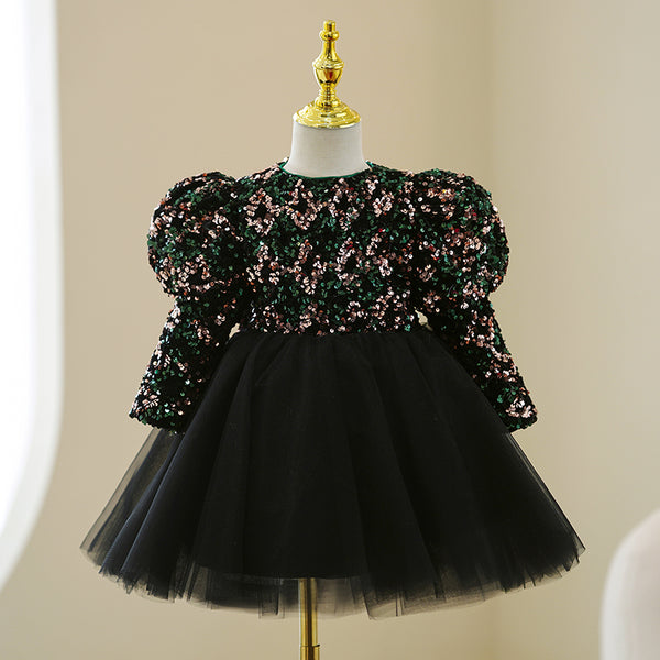 Elegant Girl Black Sequins Puffy Princess Dress