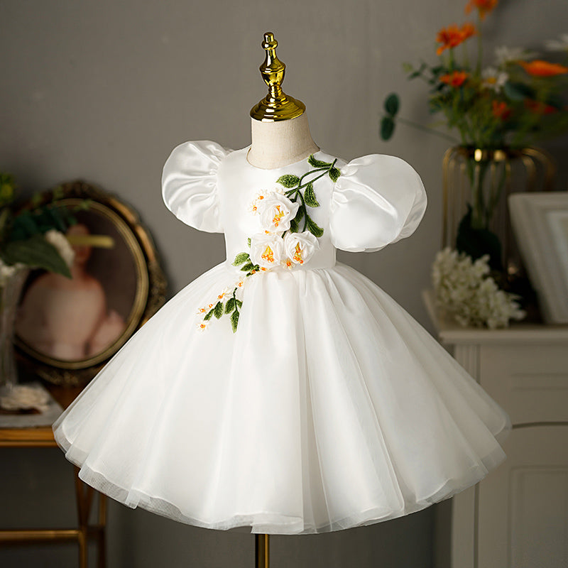 Flower Girl Dress Toddlers Summer Formal Floral White Puff Sleeve Baptism Dress