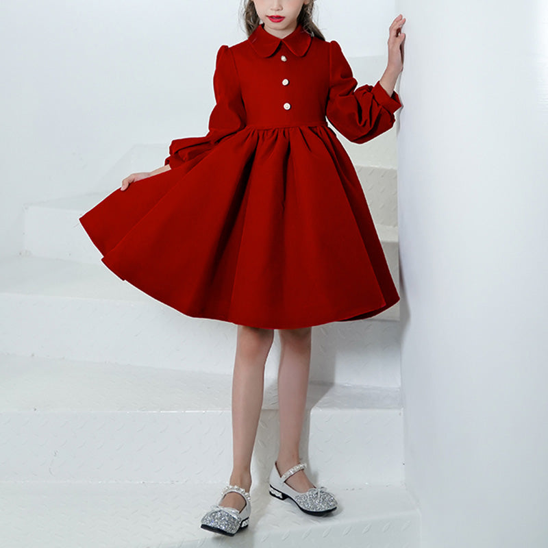 Girl Christmas Dress Baby Girl Dress Toddler Winter Red Long Sleeve Doll Collar Pageant Princess Dress