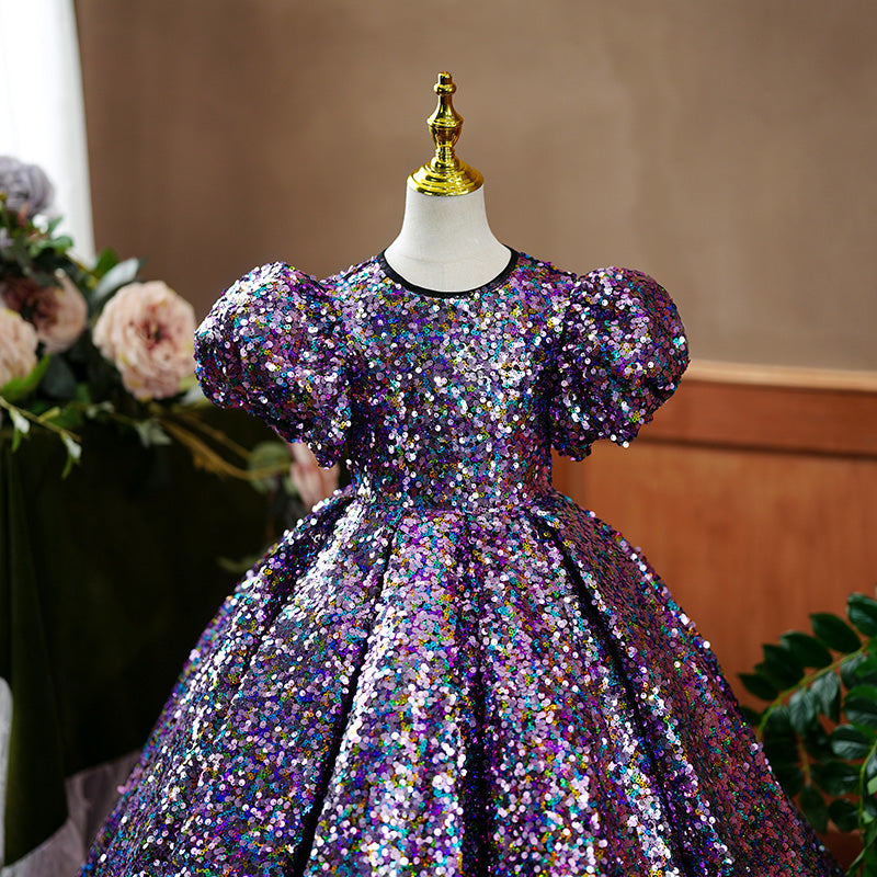 Flower Girl Dress Children Communion Birthday Party Dress Purple Sequins Pageant Dress