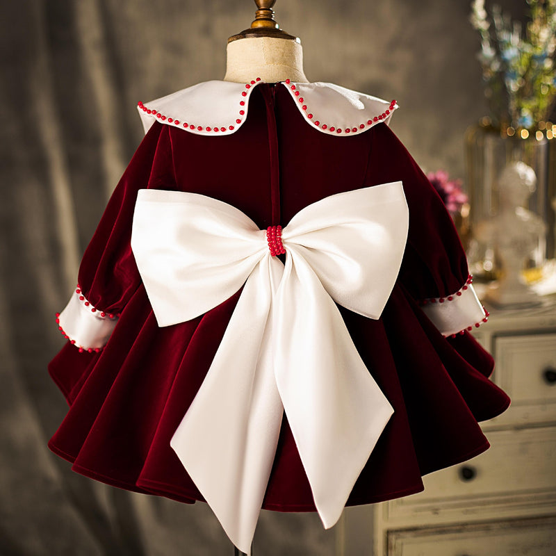 Girl Christmas Dress Baby Girls Birthday Dresses Toddler Wine Red Bow Formal Princess Dress