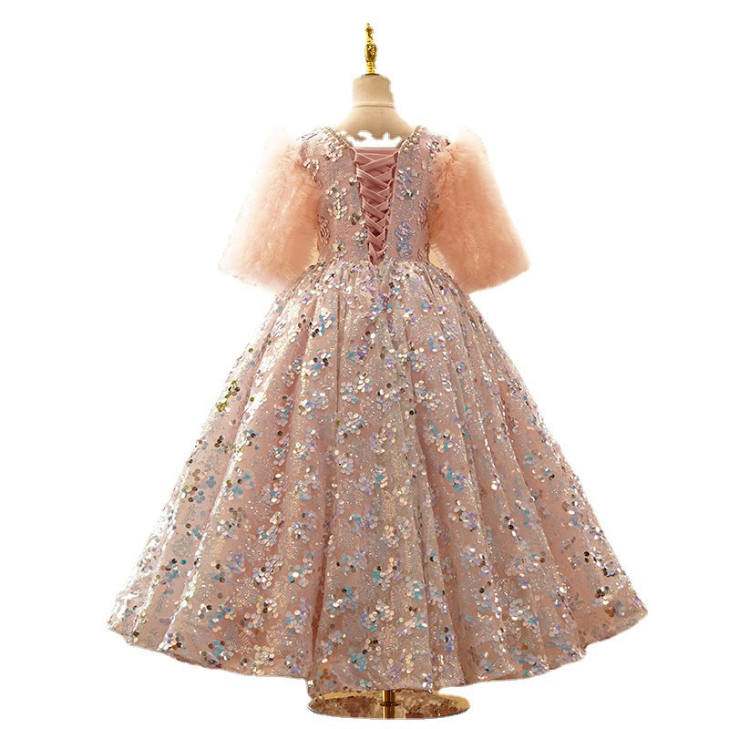 Toddler First Communion Dress Girls Plush Sleeves Pink Sequin Fluffy Princess Dress
