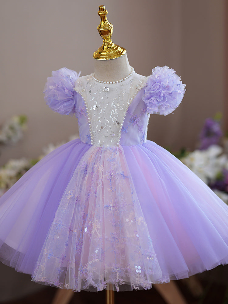 Toddler Prom Dress Girl Purple Puff Sleeves Birthday Party Dress