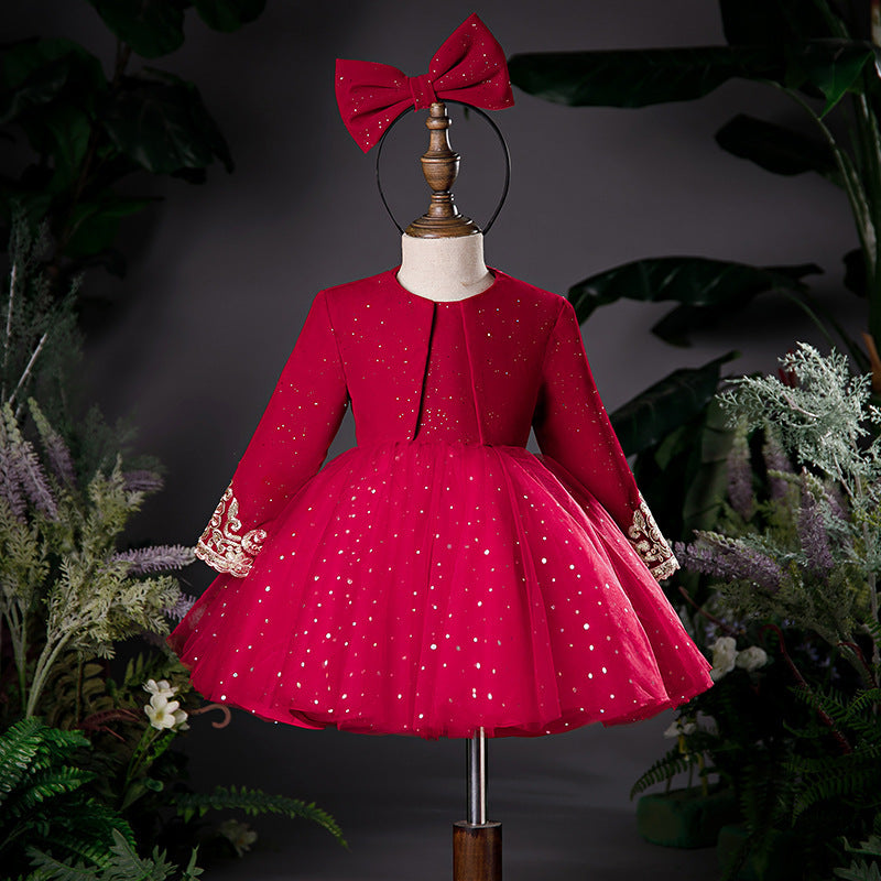 marryshe Baby Girl Christmas Dresses Girl Red Fine Glitter Fluffy Birthday Party Formal Dress, Red / 5-6 Years (130cm)