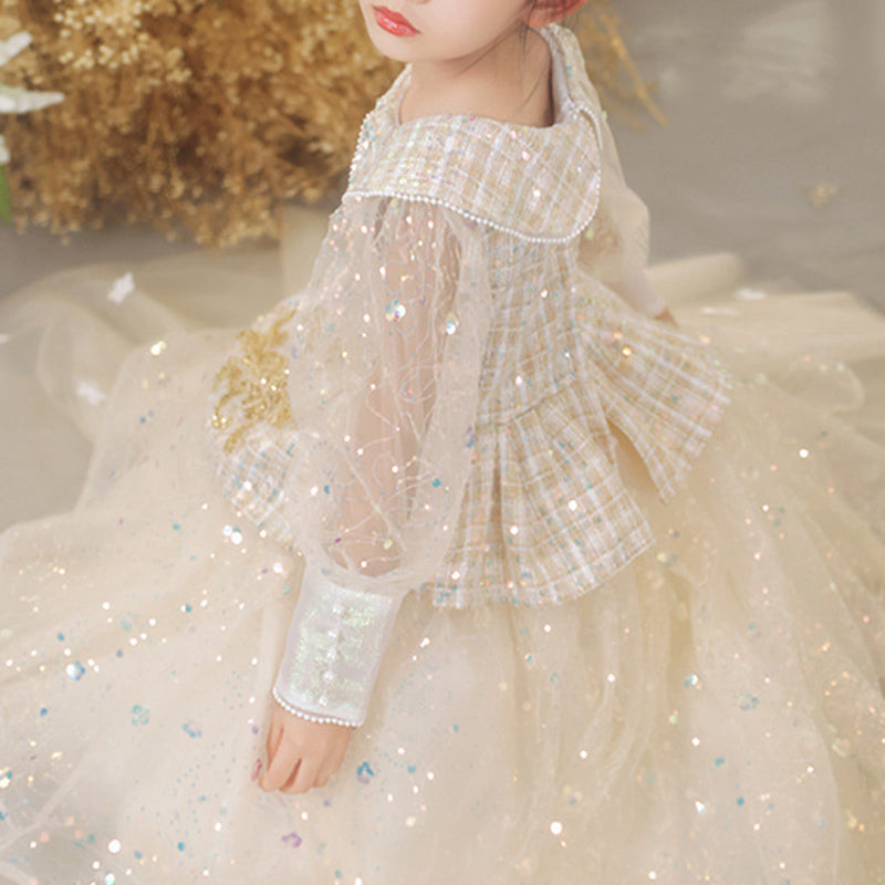 Girl Communion Easter Dress Champagne Sequin Long Sleeve Floral Birthday Princess Dress