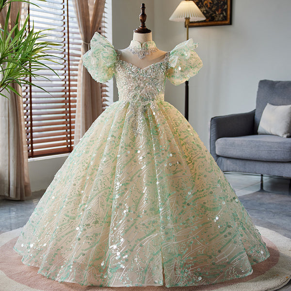 Toddler Girl Birthday Party Beauty Dress Green Sequin Trailing Fluffy Princess Dress