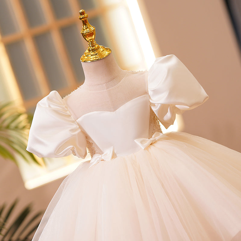 Toddler Ball Gowns Girl Puff Sleeves Bow Pageant Communion Formal Princess Dress