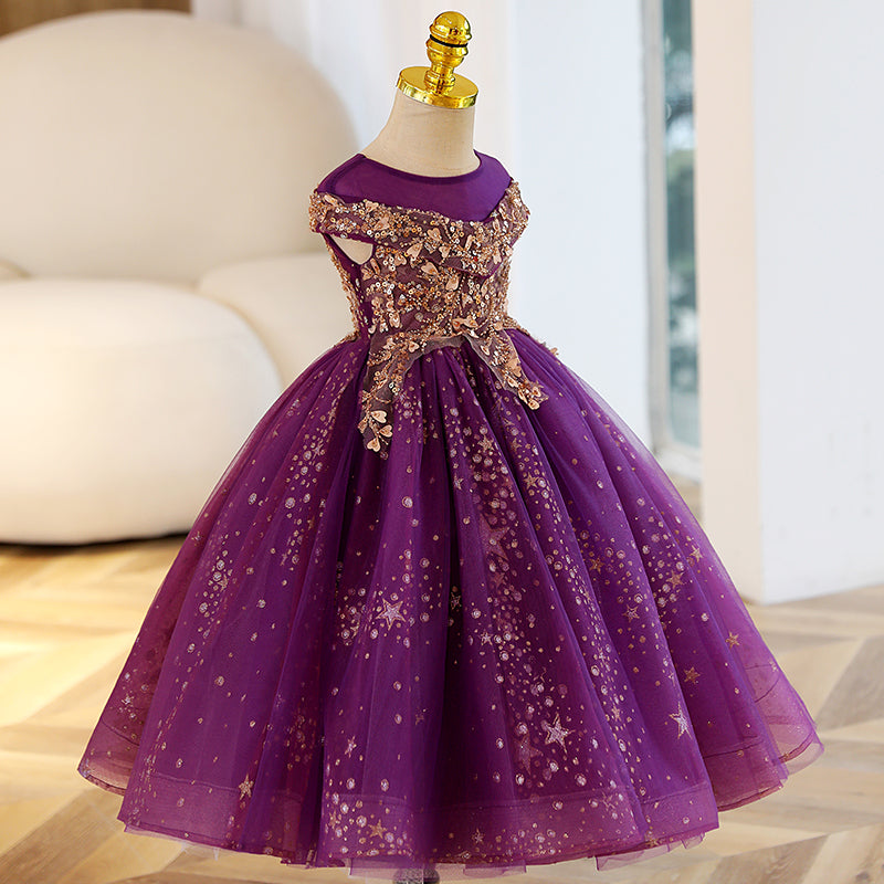 Toddler Ball Gowns Girl Summer Princess Dress Purple Sequin Fluffy Dress