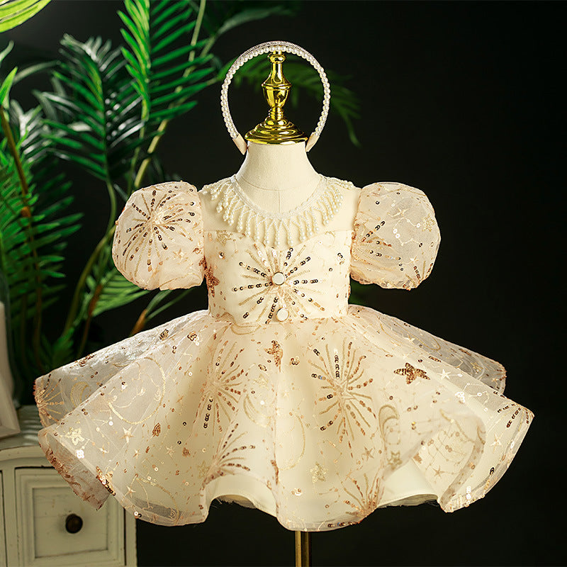 Baby Girl Christening Dress Toddler Summer Sequin Pearl Birthday Party Dress