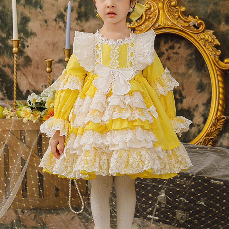Baby Girl Princess Party Dress Yellow Lolita Lace Floral Girl Cake Dress