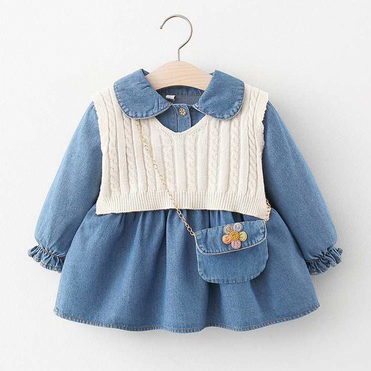 Baby Girl Autumn Long-sleeved Denim Dress Woolen Vest Suit