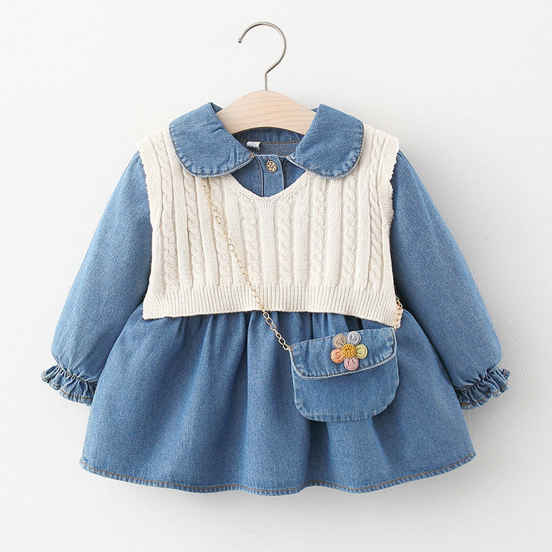 Baby Girl Autumn Long-sleeved Denim Dress Woolen Vest Suit