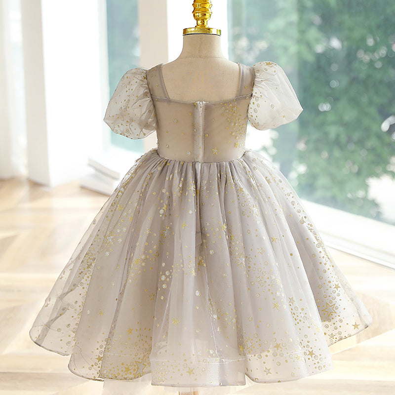 Elegant Girl Puff Sleeve Sequin Birthday Party Show Dress