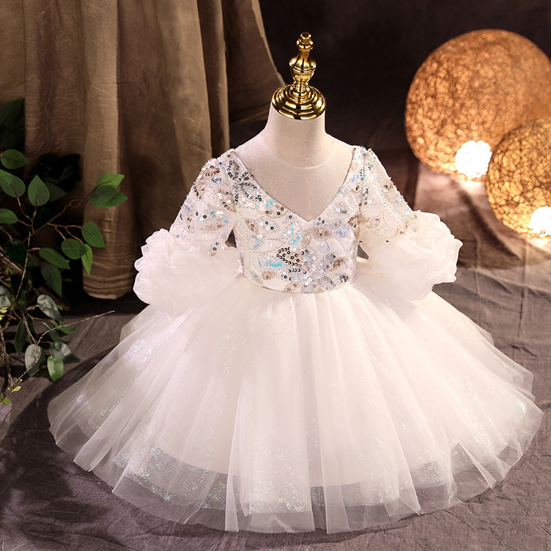 Flower Girl Dress Toddler Ball Gowns White Wedding V-neck Princess Dress