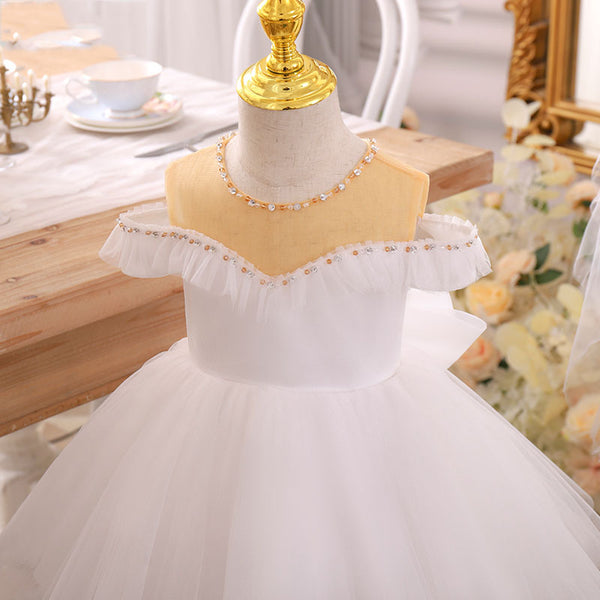 Toddler Ball Gowns Flower Girl Birthday Gold White Baptism Communion Princess Pageant Dress