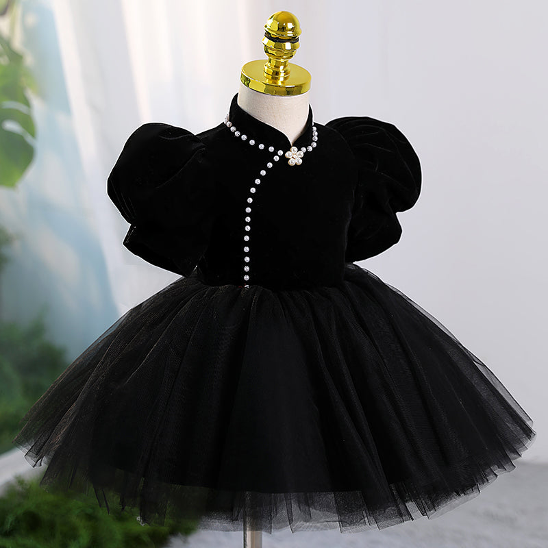 Baby Girl Baptism Dresses Toddler Black Puff Sleeves Puffy Princess Dress Girls Pageant Dresses