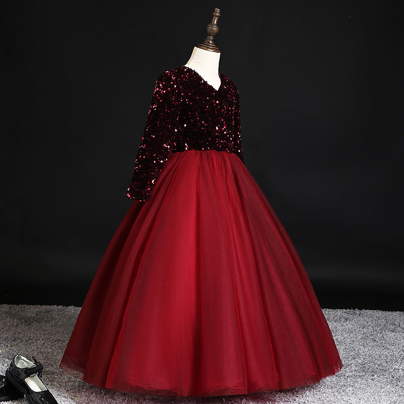 Girl Communion Dress Little Girl Red Sequins Long Sleeve Pageant Princess Dress