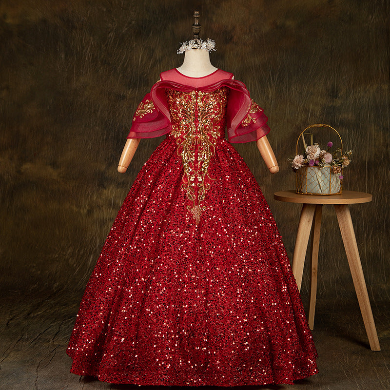 Elegant Girls Sequinswine Red Puffy Princess Dress, Wine Red / 0-1 Year (80cm) Elegant Girls Sequinswine Red Puffy Princess Dress, Wine Red / 0-1 Year (80cm)