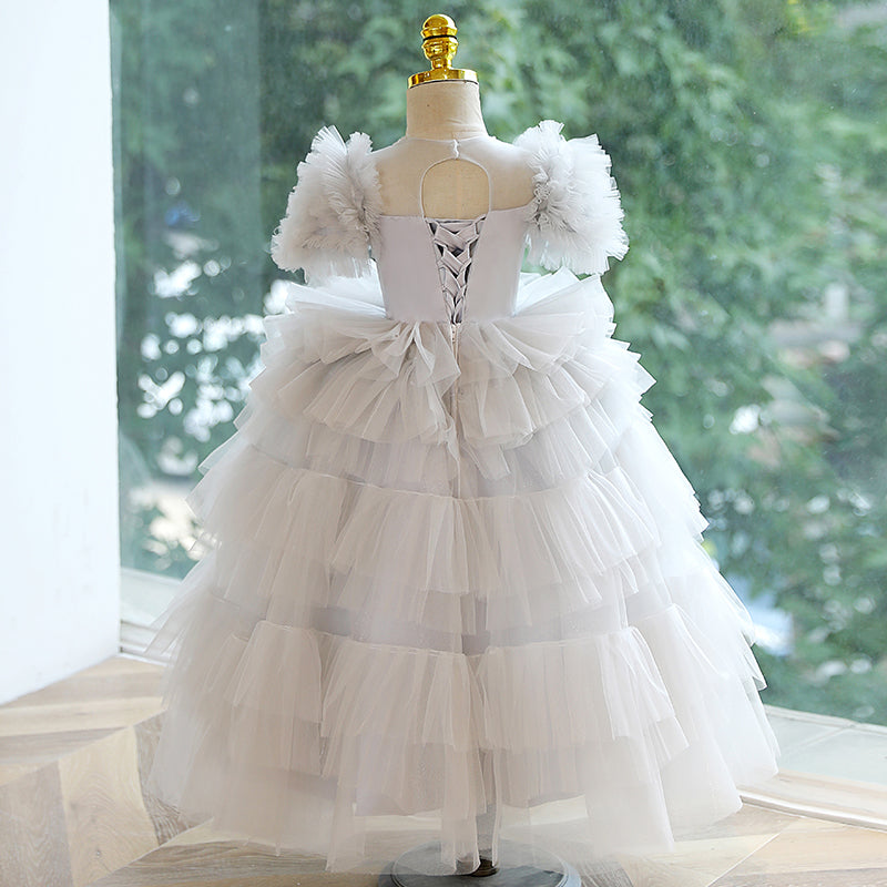 Girl First Communion Dress Children Princess Summer Gray Fluffy Cake Party Dress