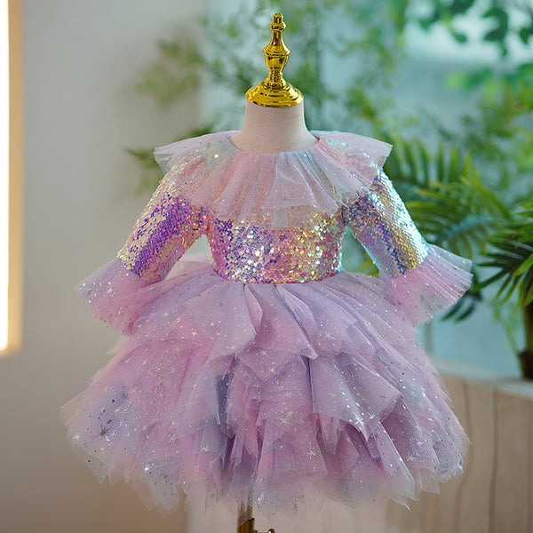 Baby Girl and Toddler Princess Dress Pink Sequin Mesh Cake Fluffy Birthday Party Dress