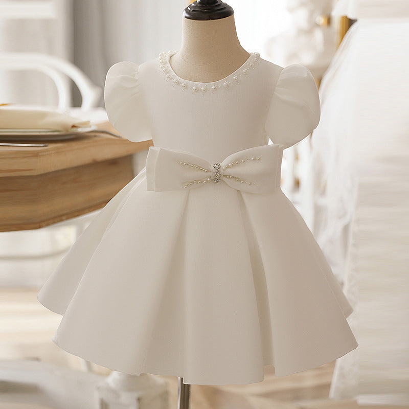 First Communion Dress Baby Girl White Textured Puff Sleeves Puffy Bow Princess Christening Dress