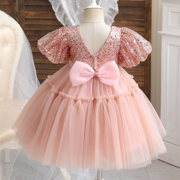 Baby Girl First Communion Dress Girl Pink Sequin Bow Fluffy Birthday Party Dress