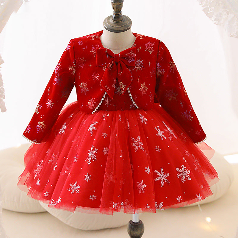 Girl Christmas Dress Baby Girl Dress Toddler Christmas Red Cute Snowflake Party Princess Dress