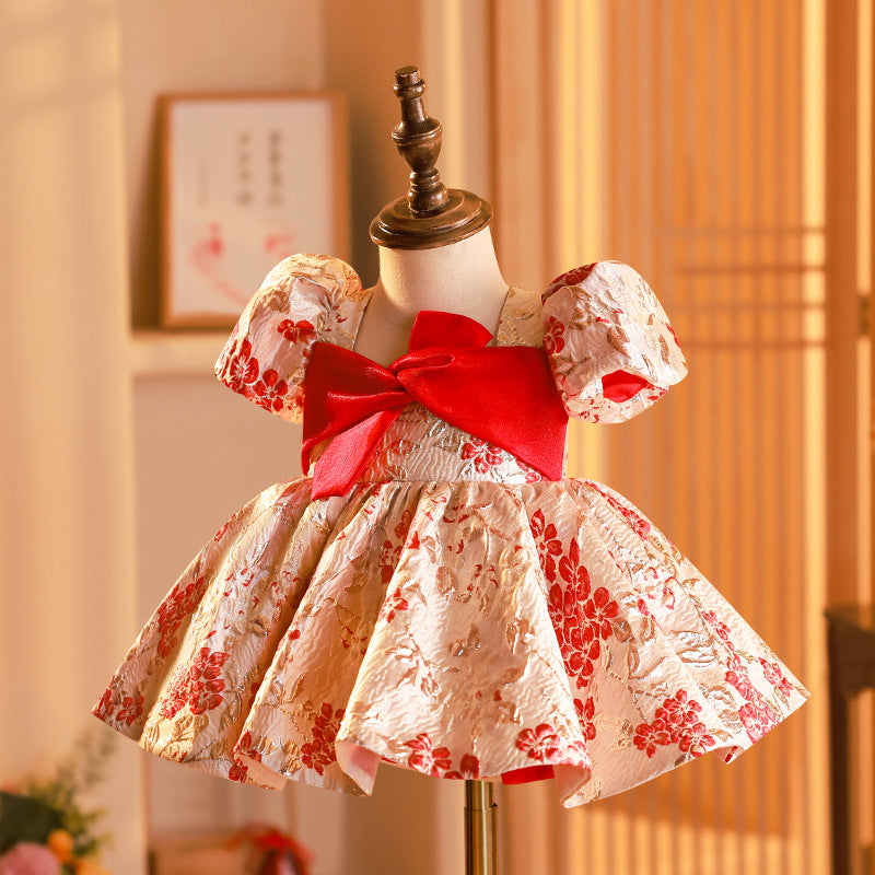 Baby Girl Christening Dress Toddler Printed Birthday Party Dress Girl Bow Knot Puffy Princess Dress