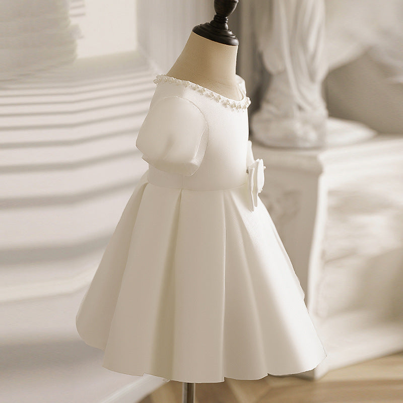 First Communion Dress Baby Girl White Textured Puff Sleeves Puffy Bow – marryshe