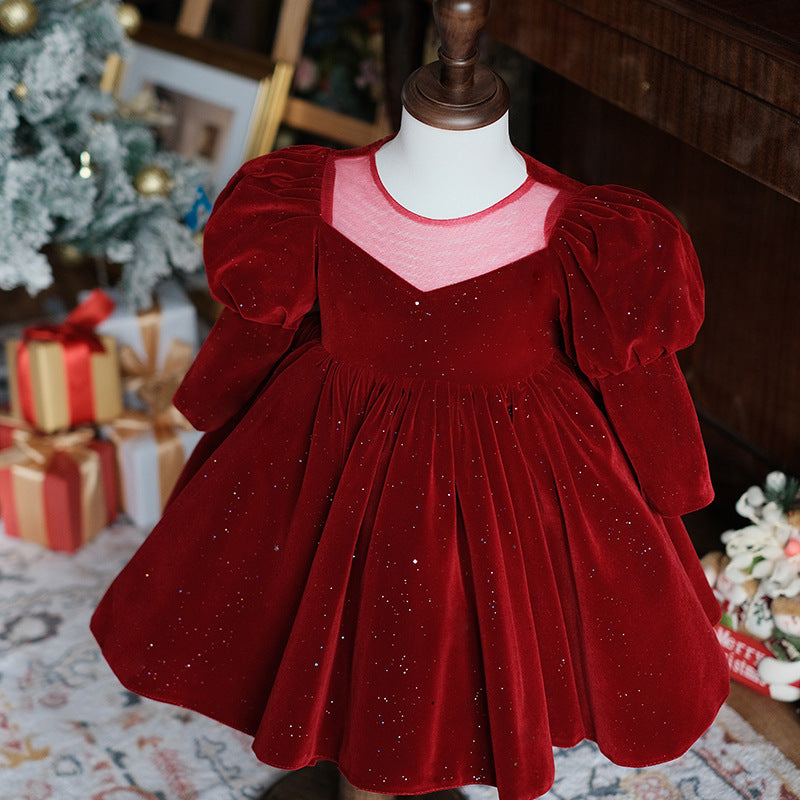 Girl Christmas Dress Flower Girl Dress Toddler Puff Sleeves Red Velvet Sequins Birthday Party Dress