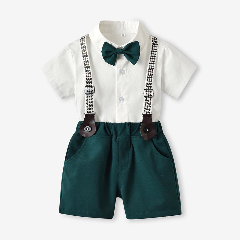 Baby Boys Short Sleeve Bow Shirt Bib Shorts Two Piece Set