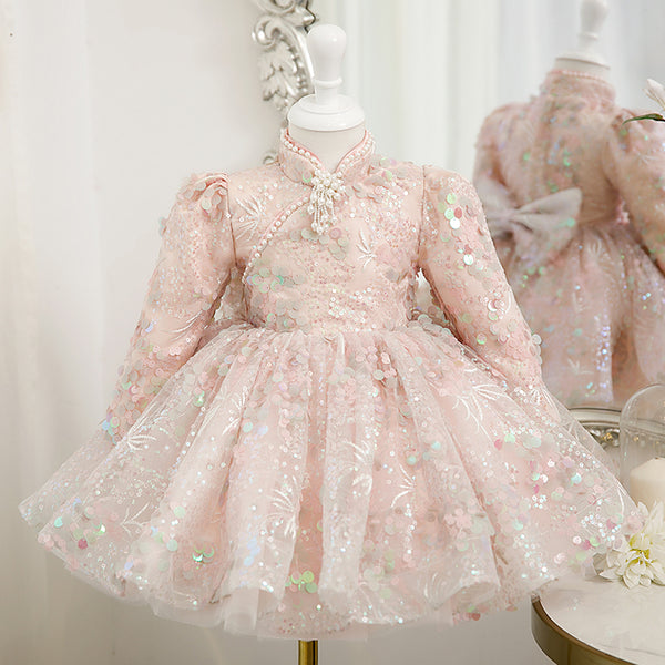 Babyhug Woven Sleeveless Party Dress With Sequin Detailing & Bow Applique - Peach main image 0