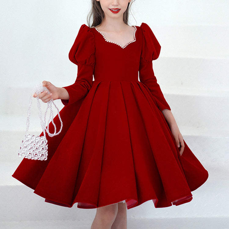 Girl Christmas Dress First Communion Dress Girl Elegant Pageant Dresses Baby Girl Red Long Sleeve Fluffy Princess Dress